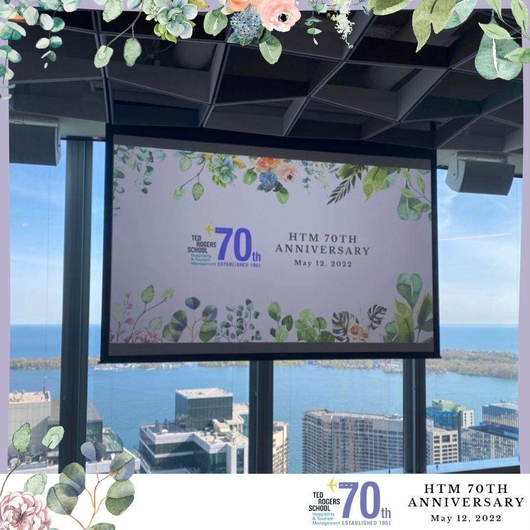 Projector screen shoing the logo for HTM's 70th anniversary event.